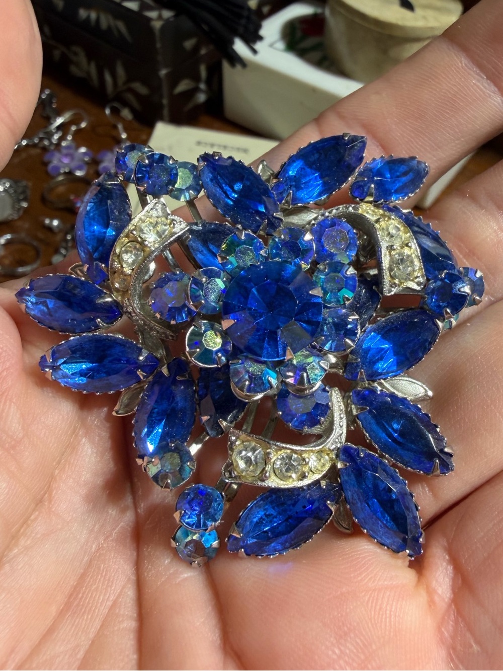 Vintage JUDY LEE  Silver Tone Flower Corsage Blue Clear Rhinestones Brooch